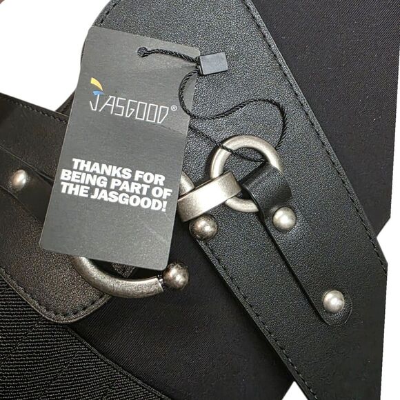 Jasgood Black Vintage Wide Elastic Stretch Waist Belt With Interlock Buckle 39 - Picture 3 of 4